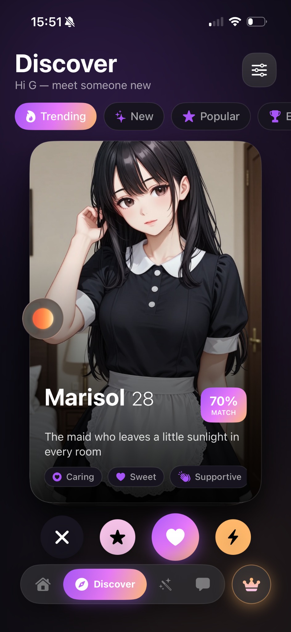 LovaChat character discovery screen
